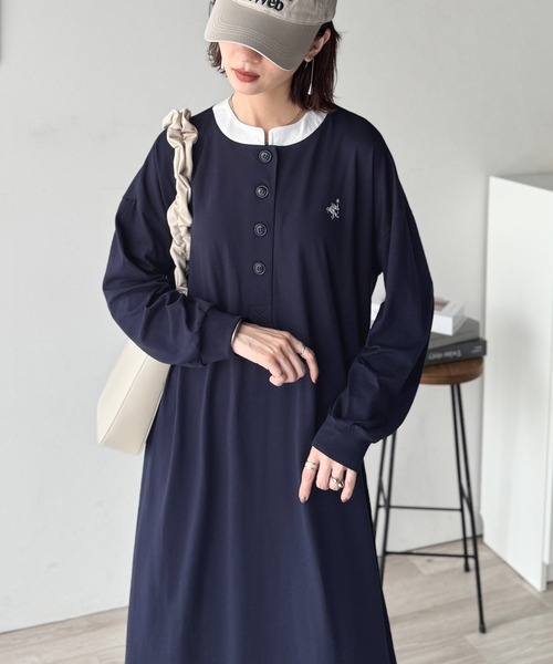 classicalelf(クラシカルエルフ)の「大人リラクシーで抜け感を。胸刺繍配色デザインヘンリーネックロングワンピース(長袖)(ワンピース・レディース・ブラック/杢グレー/ネイビー・LARGE/X-LARGE/SMALL/MEDIUM)」の13枚目の写真
