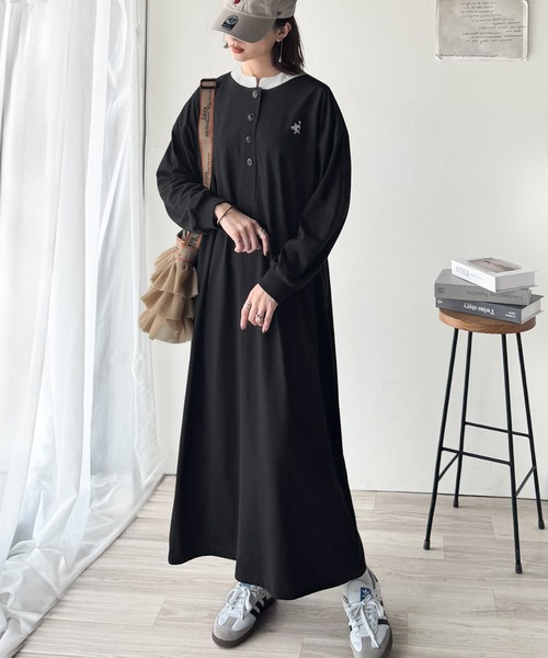 classicalelf(クラシカルエルフ)の「大人リラクシーで抜け感を。胸刺繍配色デザインヘンリーネックロングワンピース(長袖)(ワンピース・レディース・ブラック/杢グレー/ネイビー・LARGE/X-LARGE/SMALL/MEDIUM)」の7枚目の写真