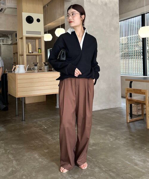 DouDou（ドゥドゥ）の「【インフルエンサー OKOCHI企画】シャツ襟ラガースウェットトップス（Tシャツ/カットソー・レディース・グレー/ライトベージュ/ブラック・FREE）」の4枚目の写真