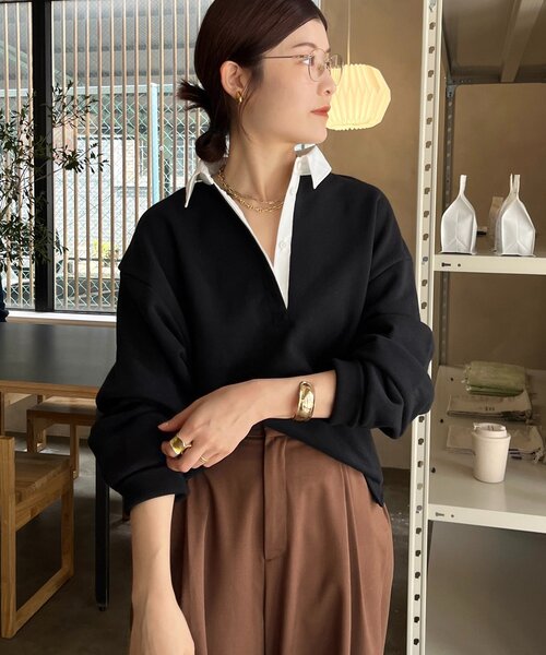 DouDou（ドゥドゥ）の「【インフルエンサー OKOCHI企画】シャツ襟ラガースウェットトップス（Tシャツ/カットソー・レディース・グレー/ライトベージュ/ブラック・FREE）」の9枚目の写真