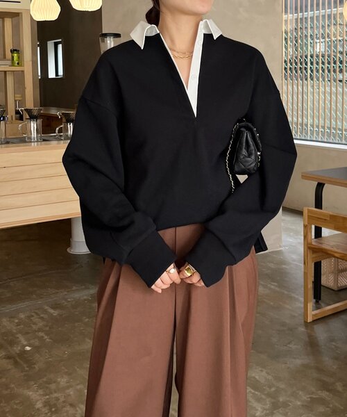 DouDou（ドゥドゥ）の「【インフルエンサー OKOCHI企画】シャツ襟ラガースウェットトップス（Tシャツ/カットソー・レディース・グレー/ライトベージュ/ブラック・FREE）」の11枚目の写真