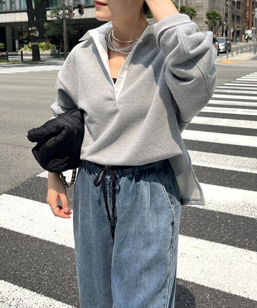DouDou（ドゥドゥ）の「【インフルエンサー OKOCHI企画】シャツ襟ラガースウェットトップス（Tシャツ/カットソー・レディース・グレー/ライトベージュ/ブラック・FREE）」の21枚目の写真