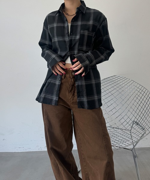 セール】ルーズシルエット チェック柄ネルシャツ（シャツ