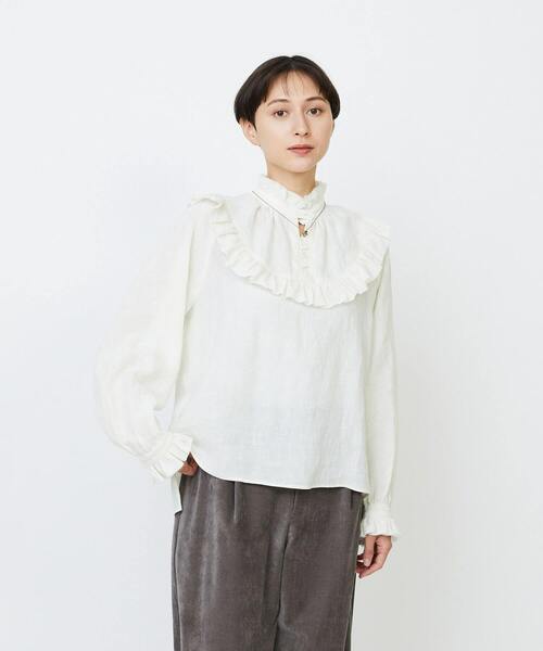 LOISIR（ロワズィール）の「グランジリネンフリルディテールブラウス（シャツ/ブラウス・レディース・ブラウン/ホワイト・FREE）」の2枚目の写真