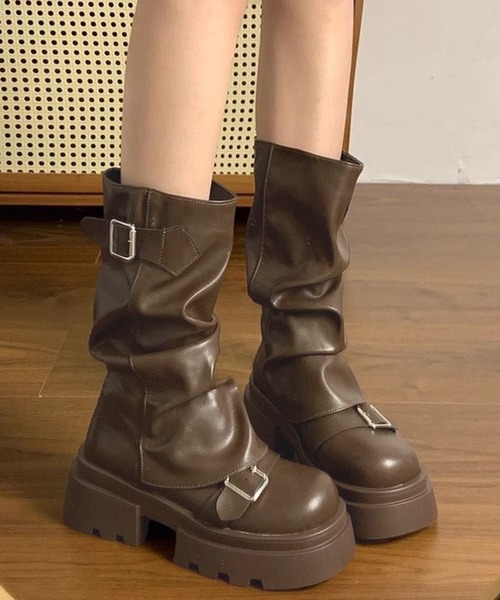 WESTSEA(ウエストシー)の「ベルト付き くしゅくしゅミドルブーツ(ブーツ・レディース・ブラック/ブラウン・23㎝/23.5㎝/24㎝/24.5㎝/25㎝)」の1枚目の写真