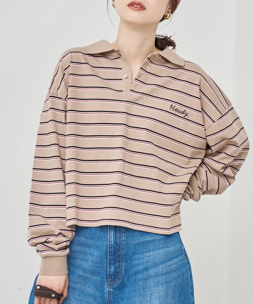 coen(コーエン)の「ハートモチーフラガーロンT(ポロシャツ・レディース・ナチュラル/ダークグレー/ベージュ・M/L)」の2枚目の写真