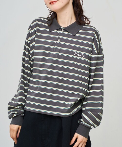 coen(コーエン)の「ハートモチーフラガーロンT(ポロシャツ・レディース・ナチュラル/ダークグレー/ベージュ・M/L)」の1枚目の写真