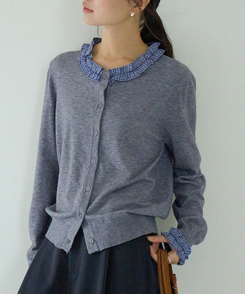 Girly Doll(ガーリードール)の「レイヤードデザインチェックフリルニットカーディガン(カーディガン/ボレロ・レディース・ネイビー/グレー・F)」の4枚目の写真
