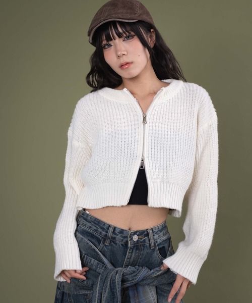 dispark(ディスパーク)の「DISPARK/ダブルZIPニットカーデ(カーディガン/ボレロ・レディース・グレー/アイボリー/ブラック・FREE)」の2枚目の写真