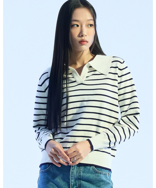 MOAA(モア)の「セーラーストライプニットトップ (ホワイト)(ニット/セーター・レディース・その他・SMALL/MEDIUM)」の1枚目の写真