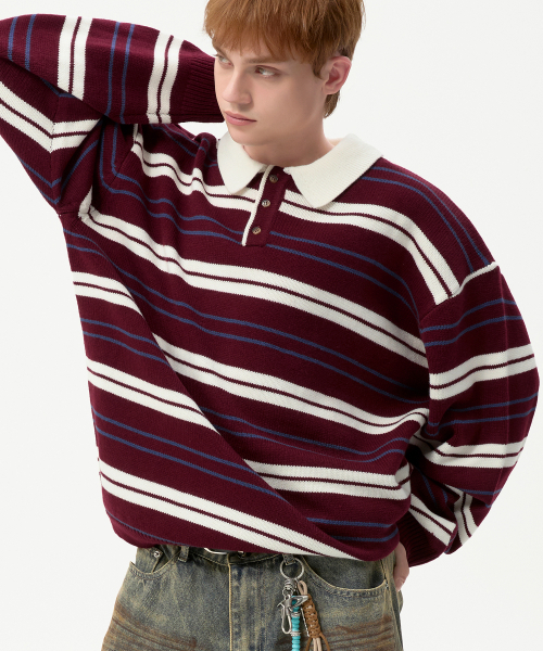 TRILLION（トリリオン）の「ウォッシャブルストライプボタンカラーニット[レッド]（ポロシャツ・レディース・その他・MEDIUM/LARGE/X-LARGE）」の2枚目の写真