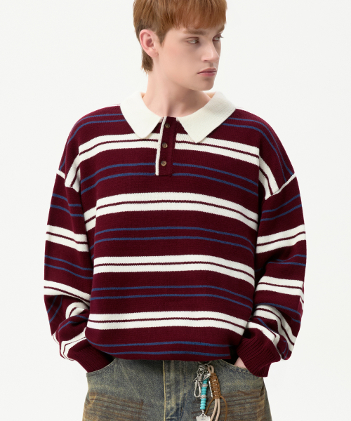 TRILLION（トリリオン）の「ウォッシャブルストライプボタンカラーニット[レッド]（ポロシャツ・レディース・その他・MEDIUM/LARGE/X-LARGE）」の3枚目の写真