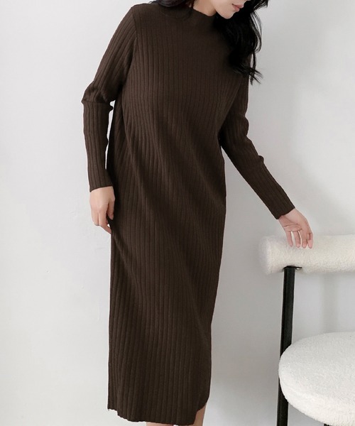 セオリーリュクス ハイネックニットワンピース ロング丈 ブラウン アイテムズ アーバンリサーチ ITEMS URBAN RESEARCH ハイネックニット