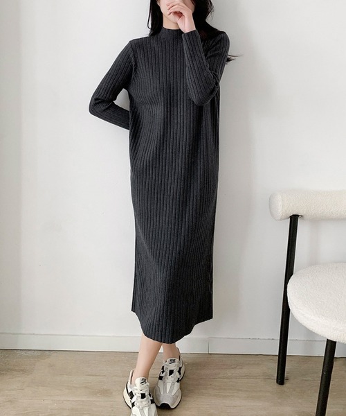 セール】リブニット ハイネック ロングワンピース 冬 きれいめ 秋冬