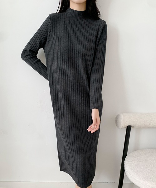 セール】リブニット ハイネック ロングワンピース 冬 きれいめ 秋冬