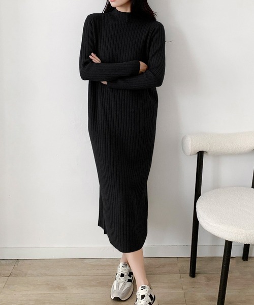 セール】リブニット ハイネック ロングワンピース 冬 きれいめ 秋冬