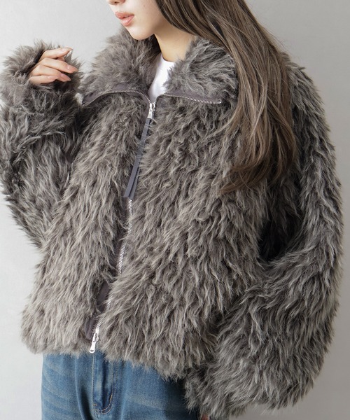 SpRay（スプレイ）の「MIXシープファージップブルゾン（ブルゾン・レディース・チャコールグレー/ベージュ/モカ・FREE）」の3枚目の写真