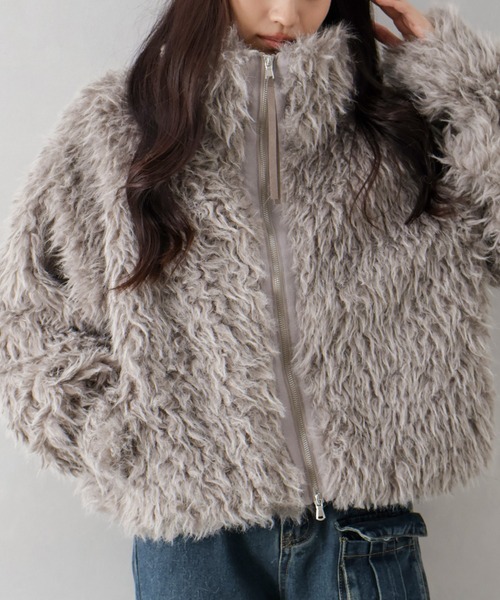 SpRay（スプレイ）の「MIXシープファージップブルゾン（ブルゾン・レディース・チャコールグレー/ベージュ/モカ・FREE）」の4枚目の写真