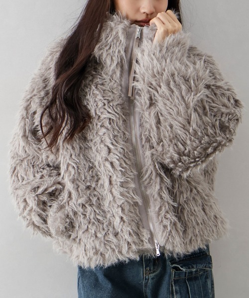 SpRay（スプレイ）の「MIXシープファージップブルゾン（ブルゾン・レディース・チャコールグレー/ベージュ/モカ・FREE）」の5枚目の写真