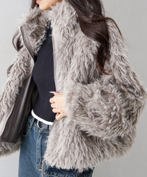 SpRay（スプレイ）の「MIXシープファージップブルゾン（ブルゾン・レディース・チャコールグレー/ベージュ/モカ・FREE）」の11枚目の写真