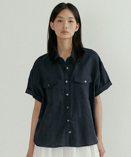 linen bamboo blended pocket blouse-navy