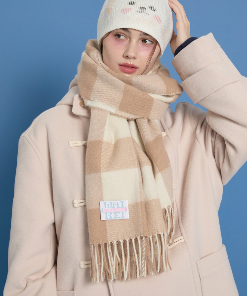 トーンオントーンチェックマフラー ベージュ（マフラー）｜WaiKei