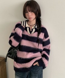 襟付きキーネックボーダーブラッシュニット