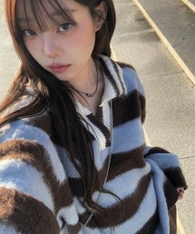 襟付きキーネックボーダーブラッシュニット