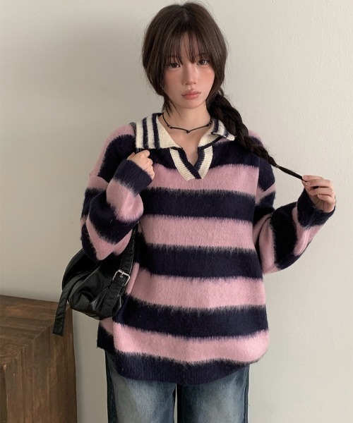anyonemore（エニワンモア）の「襟付きキーネックボーダーブラッシュニット（ニット/セーター・レディース・スカイブルー/ピンク・FREE）」の6枚目の写真