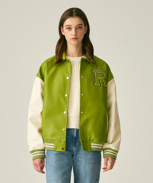 VOX ヴォックス　スタジャン　VOXCREW 袖レザー　M グリーン イエロー セール】(UNISEX)9111 VARSITY LEATHER JACKET_LIGHT GREEN