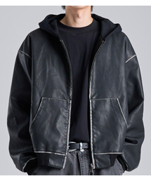 BUTTON SEOUL（ボタンソウル）の「ビーガンレザー フードジップアップジャケット (ブラック)（ライダースジャケット）」