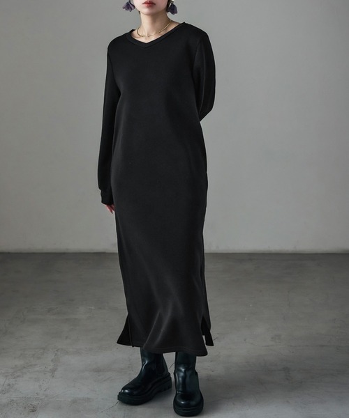 Fashion Letter（ファッションレター）の「裏起毛 Vネックルームワンピース M-LLsize（ルームワンピース・レディース・ブラック/グレー/グレイッシュベージュ/チャコール・L/M/LL）」の2枚目の写真