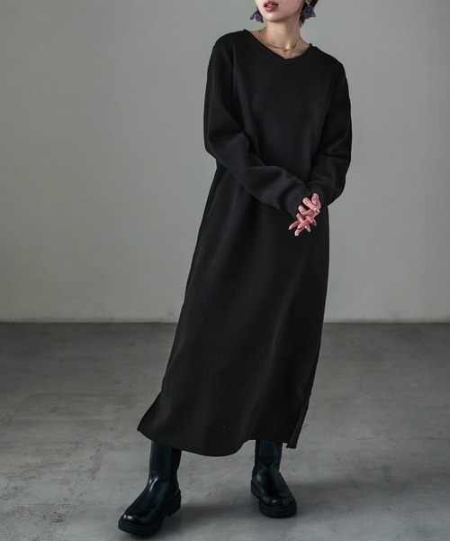 Fashion Letter（ファッションレター）の「裏起毛 Vネックルームワンピース M-LLsize（ルームワンピース・レディース・ブラック/グレー/グレイッシュベージュ/チャコール・L/M/LL）」の9枚目の写真