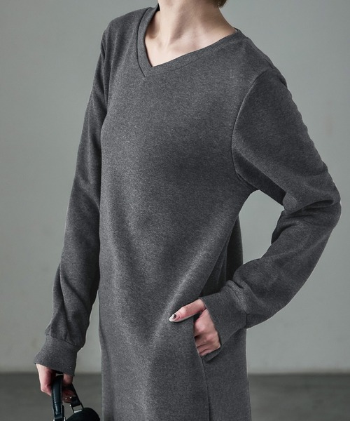 Fashion Letter（ファッションレター）の「裏起毛 Vネックルームワンピース M-LLsize（ルームワンピース・レディース・ブラック/グレー/グレイッシュベージュ/チャコール・L/M/LL）」の5枚目の写真