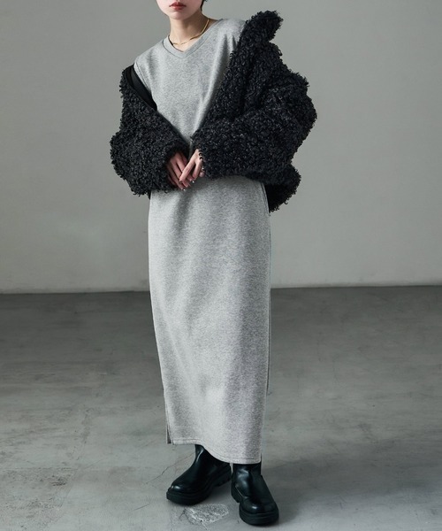 Fashion Letter（ファッションレター）の「裏起毛 Vネックルームワンピース M-LLsize（ルームワンピース・レディース・ブラック/グレー/グレイッシュベージュ/チャコール・L/M/LL）」の15枚目の写真