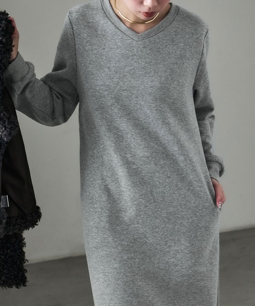Fashion Letter（ファッションレター）の「裏起毛 Vネックルームワンピース M-LLsize（ルームワンピース・レディース・ブラック/グレー/グレイッシュベージュ/チャコール・L/M/LL）」の16枚目の写真