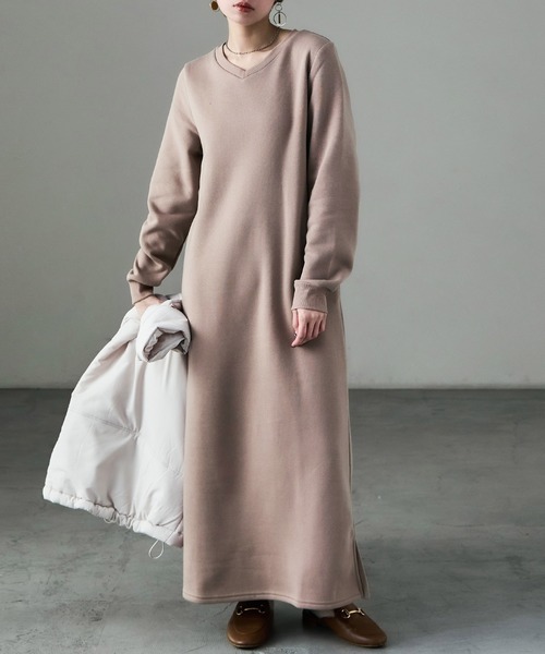 Fashion Letter（ファッションレター）の「裏起毛 Vネックルームワンピース M-LLsize（ルームワンピース・レディース・ブラック/グレー/グレイッシュベージュ/チャコール・L/M/LL）」の22枚目の写真