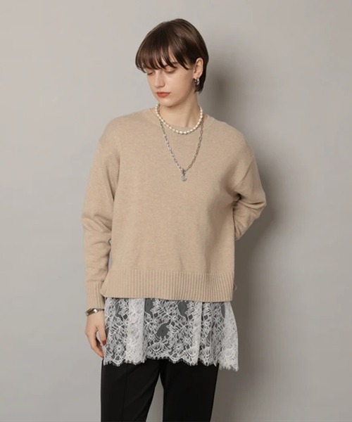 CADUNE（カデュネ）の「レースキャミ付きスプリングカラー綿カシプルオーバー（ニット/セーター・レディース・ミント/ベージュ/ピンク/ホワイト/ネイビー・38）」の3枚目の写真