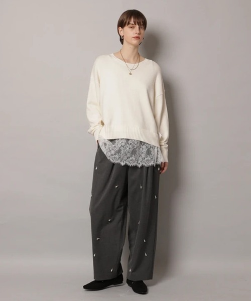 CADUNE（カデュネ）の「レースキャミ付きスプリングカラー綿カシプルオーバー（ニット/セーター・レディース・ミント/ベージュ/ピンク/ホワイト/ネイビー・38）」の9枚目の写真