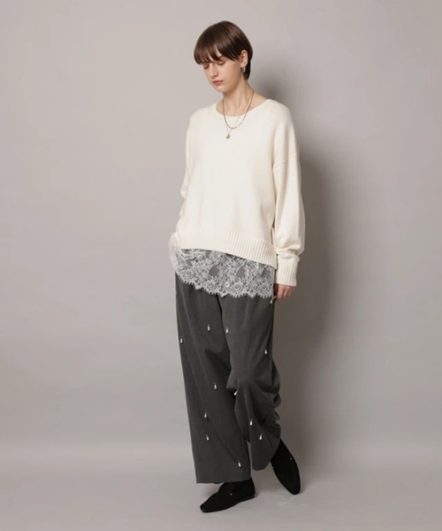 CADUNE（カデュネ）の「レースキャミ付きスプリングカラー綿カシプルオーバー（ニット/セーター・レディース・ミント/ベージュ/ピンク/ホワイト/ネイビー・38）」の10枚目の写真