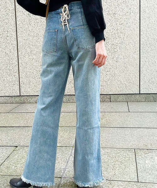 GORGE(ゴージ)の「《バックレースアップ×前スリット》レディース 綿100% デニムストレートパンツ ハイウエスト 春夏秋(デニムパンツ・レディース・ブルー/アイボリー/ブラック/ベージュ/ブルー系・L/S/M)」の4枚目の写真