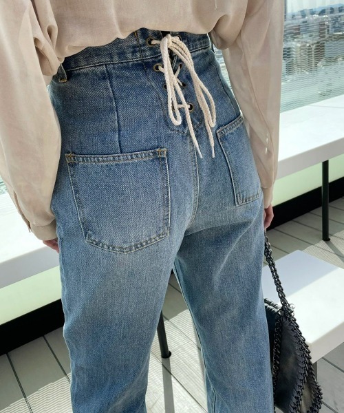 GORGE(ゴージ)の「《バックレースアップ×前スリット》レディース 綿100% デニムストレートパンツ ハイウエスト 春夏秋(デニムパンツ・レディース・ブルー/アイボリー/ブラック/ベージュ/ブルー系・L/S/M)」の21枚目の写真