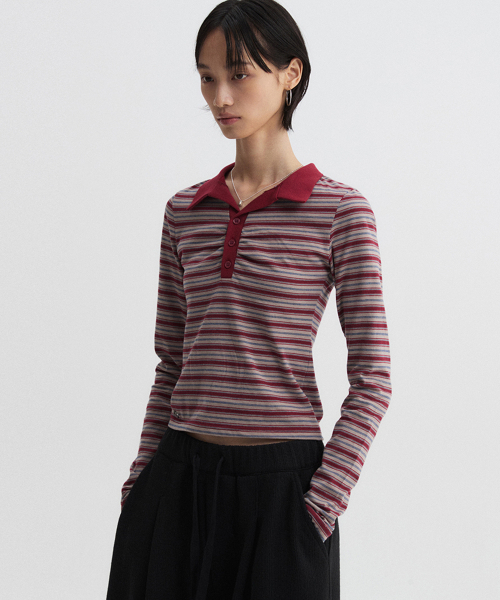 DNSR WOMEN(ディーエヌエスアールウーマン)の「ストライプポロTシャツバーガンディ(ポロシャツ・レディース・その他・ONE SIZE)」の2枚目の写真