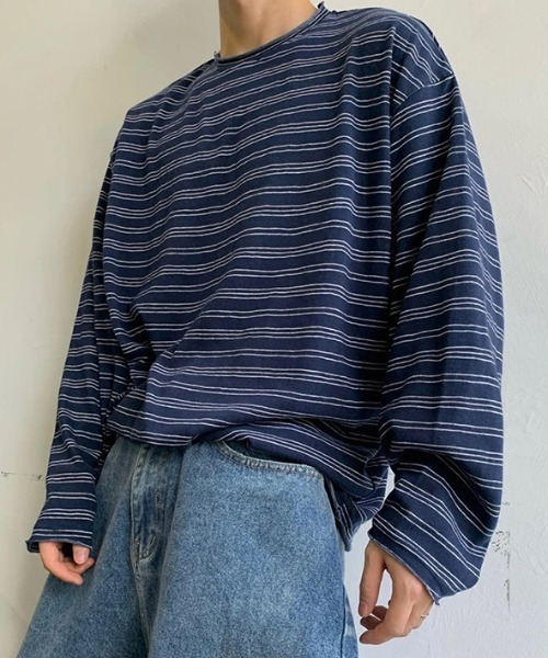 B.R.U(ブル)の「オーバーサイズリラックスボーダーカットソー(Tシャツ/カットソー・メンズ・グレー/ネイビー・LARGE/MEDIUM)」の3枚目の写真