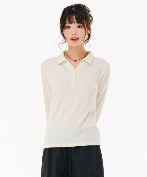 CHASECULT（チェイスカルト）の「レディース リブ オープンカラー 長袖Tシャツ-FARG5162B05（ポロシャツ・レディース・オートミール・85/90）」の2枚目の写真