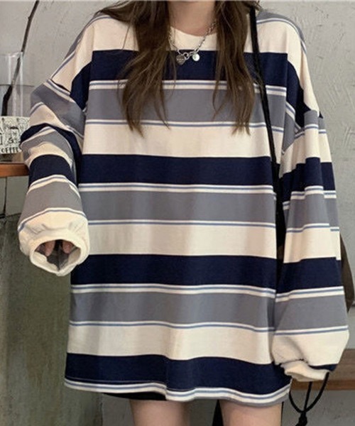 SallyLunn(サリーラン)の「配色ボーダー オーバーサイズプルオーバー(Tシャツ/カットソー・レディース・ネイビー/レッド・MEDIUM/LARGE)」の14枚目の写真