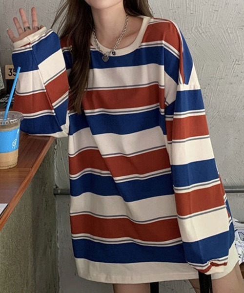 SallyLunn(サリーラン)の「配色ボーダー オーバーサイズプルオーバー(Tシャツ/カットソー・レディース・ネイビー/レッド・MEDIUM/LARGE)」の3枚目の写真