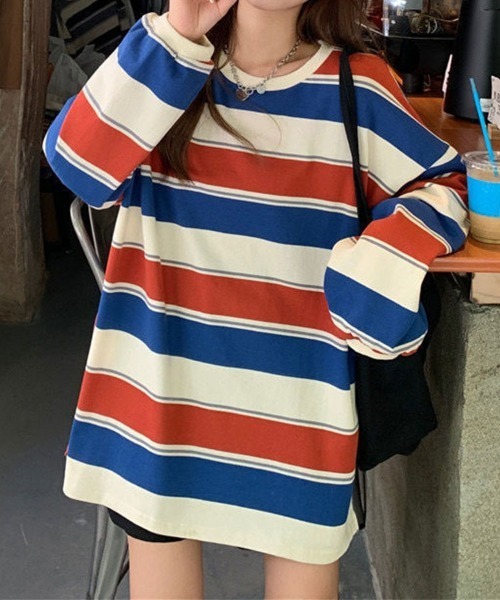 SallyLunn(サリーラン)の「配色ボーダー オーバーサイズプルオーバー(Tシャツ/カットソー・レディース・ネイビー/レッド・MEDIUM/LARGE)」の5枚目の写真