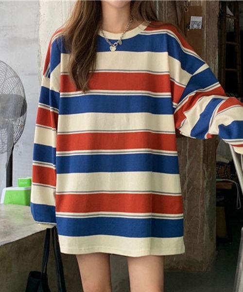SallyLunn(サリーラン)の「配色ボーダー オーバーサイズプルオーバー(Tシャツ/カットソー・レディース・ネイビー/レッド・MEDIUM/LARGE)」の6枚目の写真