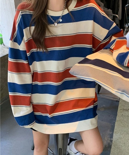 SallyLunn(サリーラン)の「配色ボーダー オーバーサイズプルオーバー(Tシャツ/カットソー・レディース・ネイビー/レッド・MEDIUM/LARGE)」の7枚目の写真
